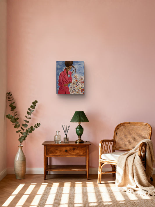 Original Oil Painting, Fashionable woman in a pink blazer arranging flowers