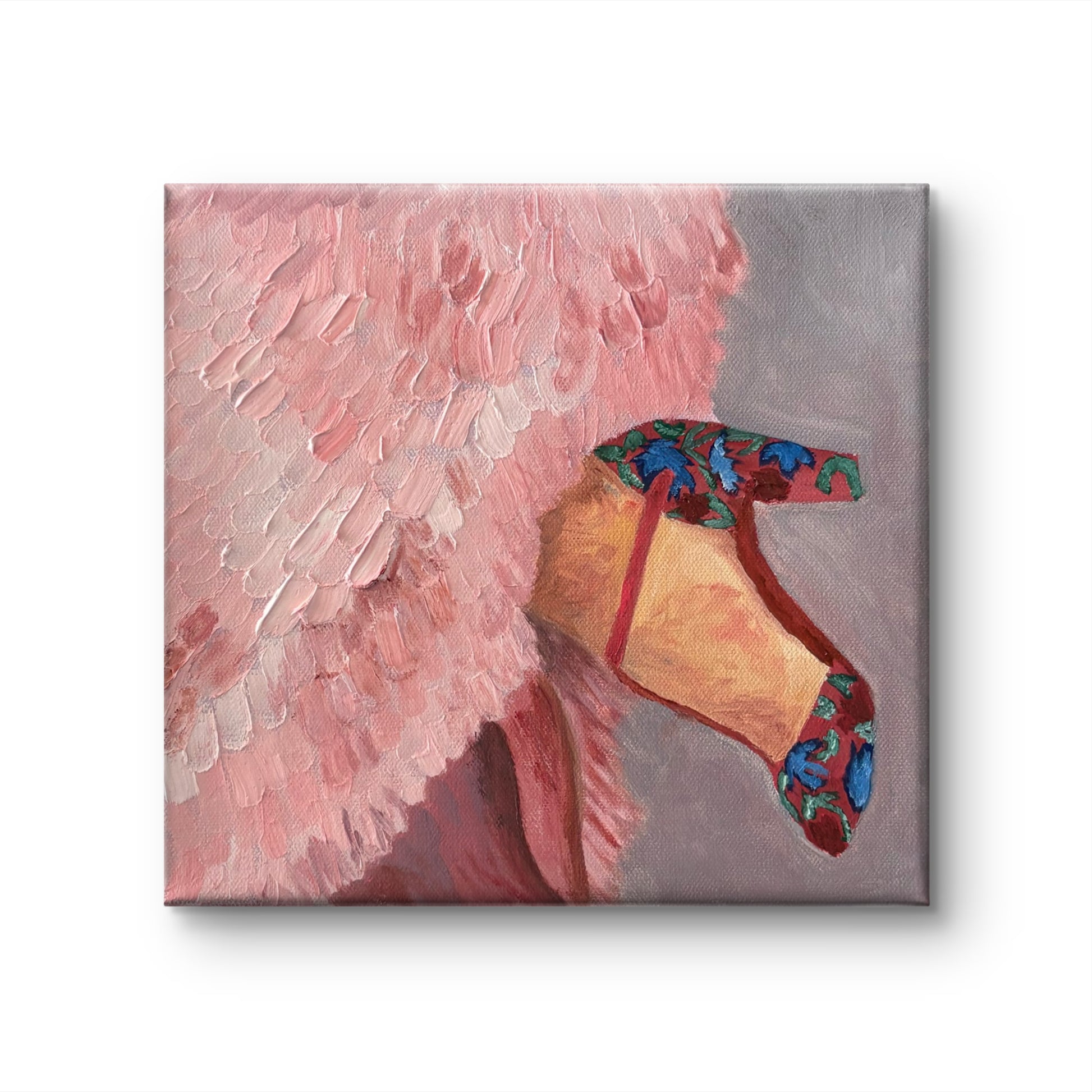 Painting of a Fashion Shoe and pink feathered dress. Original art by Robin Barrett Wilson. Robin Wilson Studio