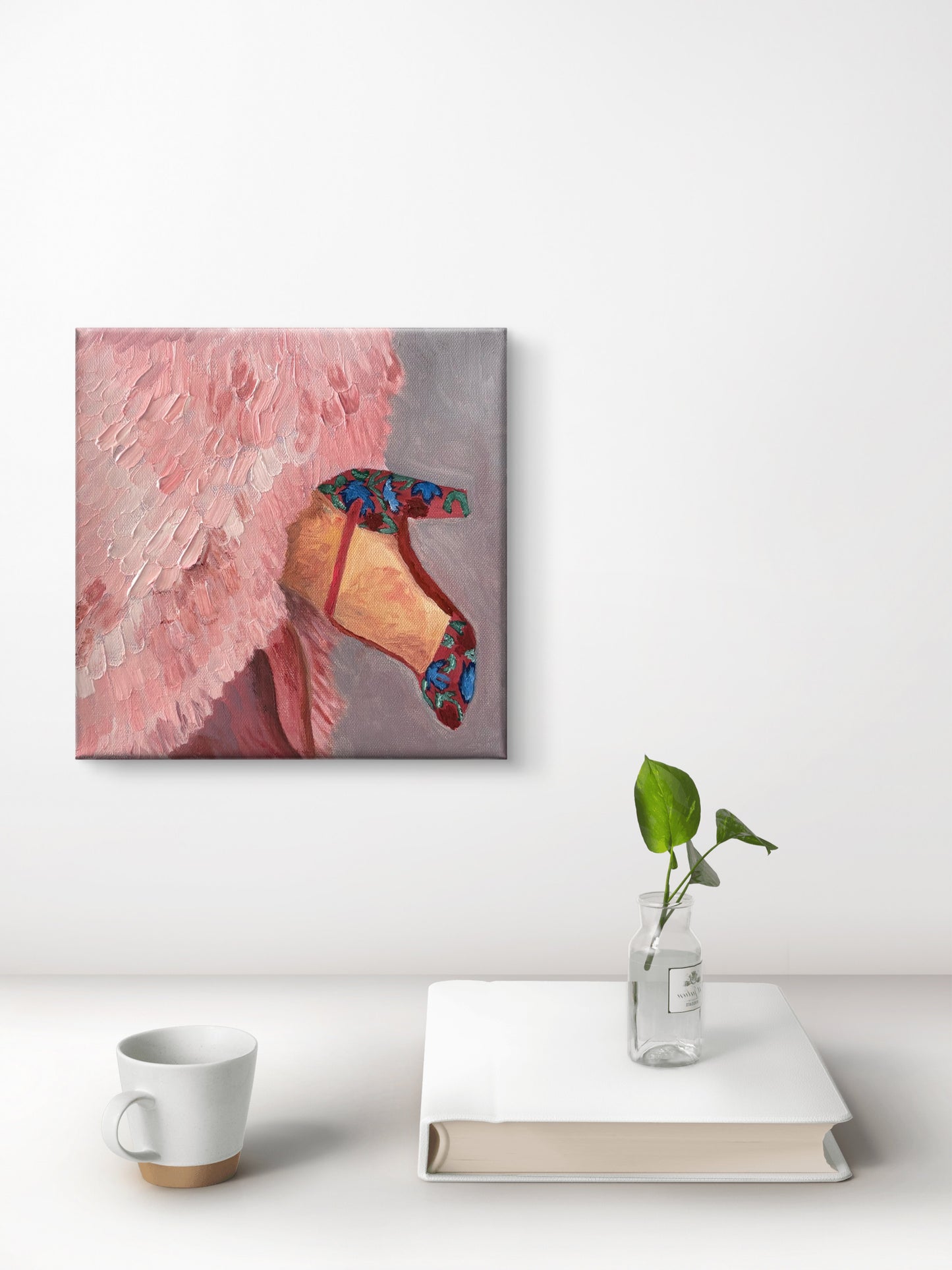 Painting of a Fashion Shoe and pink feathered dress over a white desk. Original art by Robin Barrett Wilson. Robin Wilson Studio