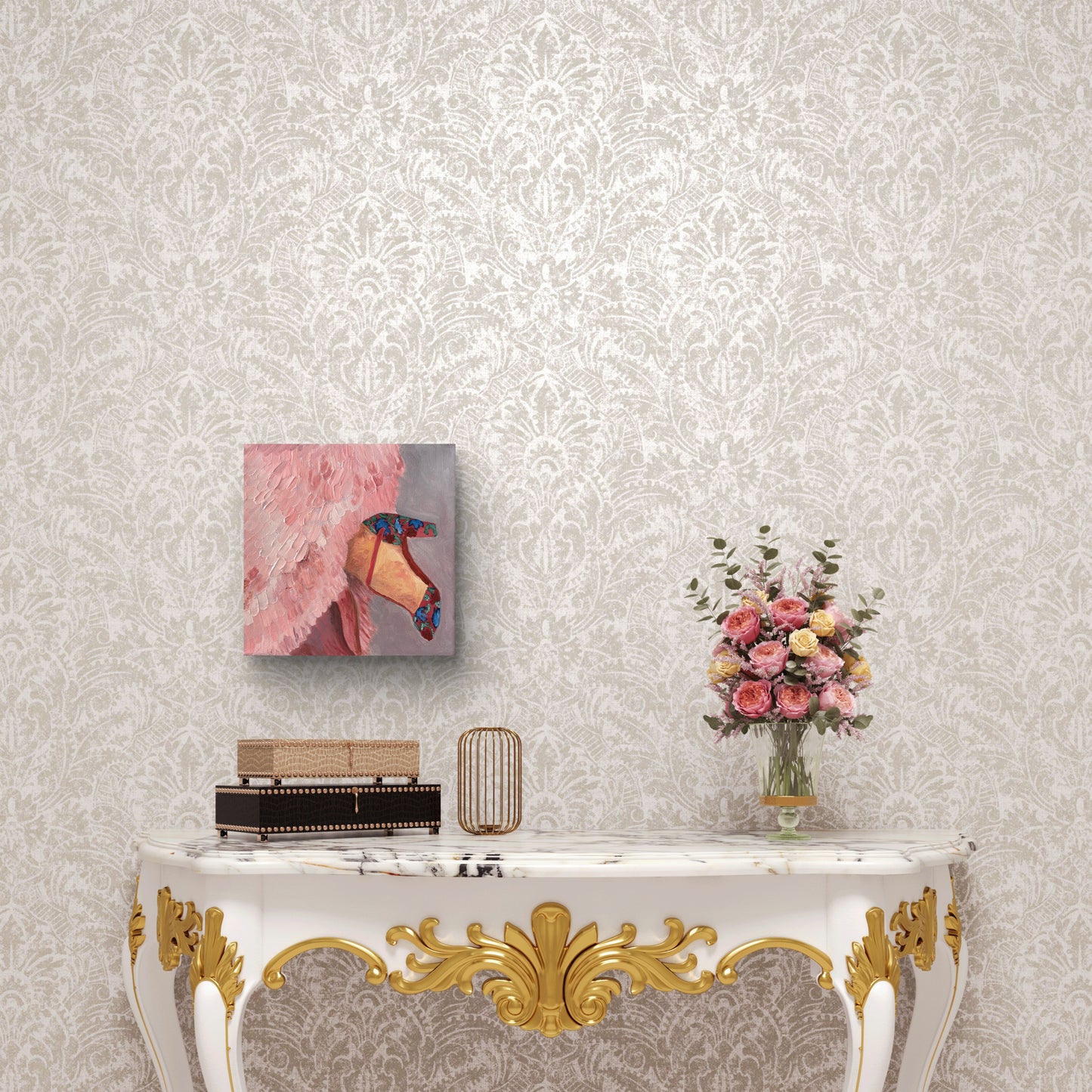 Painting of a Fashion Shoe and pink feathered dress over ornate dress. Original art by Robin Barrett Wilson. Robin Wilson Studio