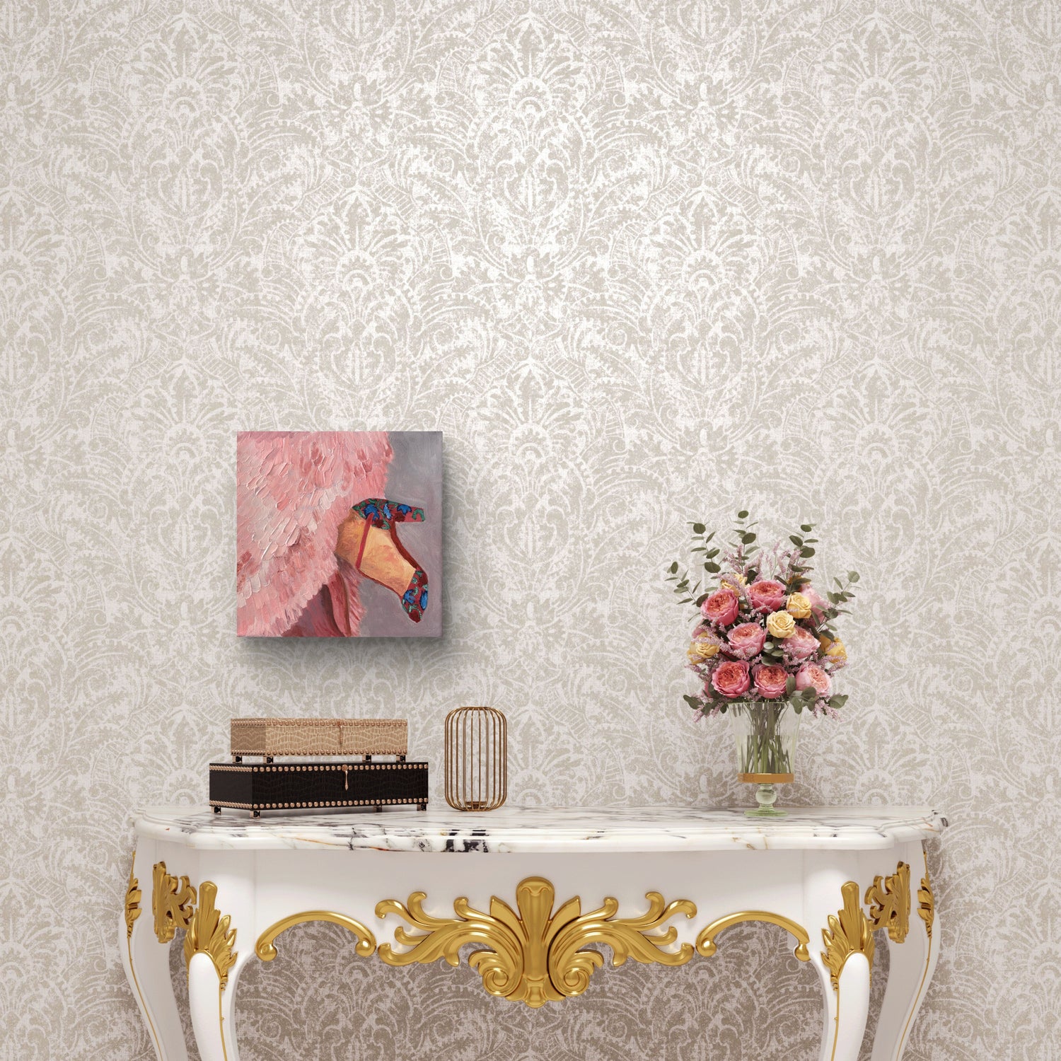 Painting of a Fashion Shoe and pink feathered dress over ornate dress. Original art by Robin Barrett Wilson. Robin Wilson Studio