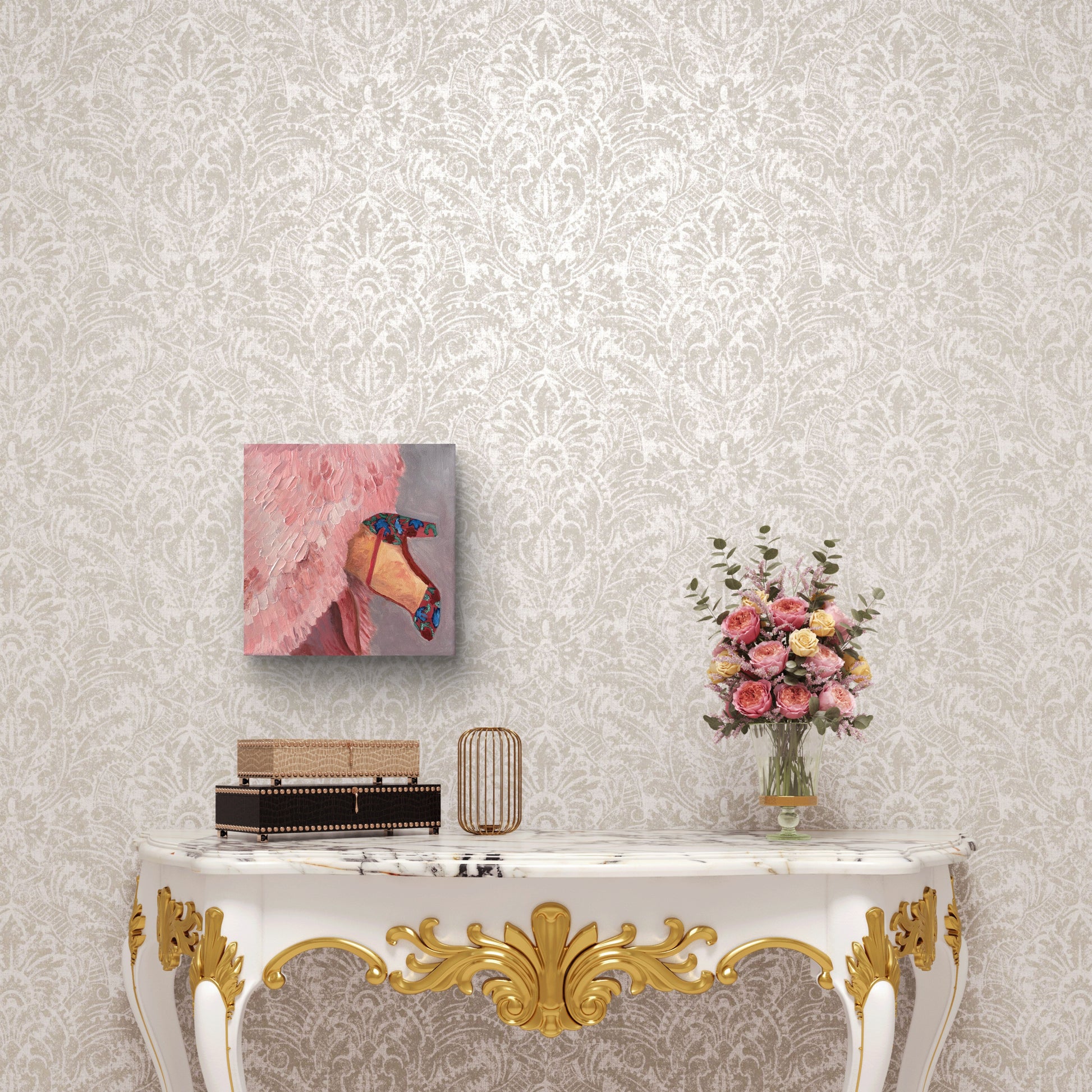 Painting of a Fashion Shoe and pink feathered dress over ornate dress. Original art by Robin Barrett Wilson. Robin Wilson Studio