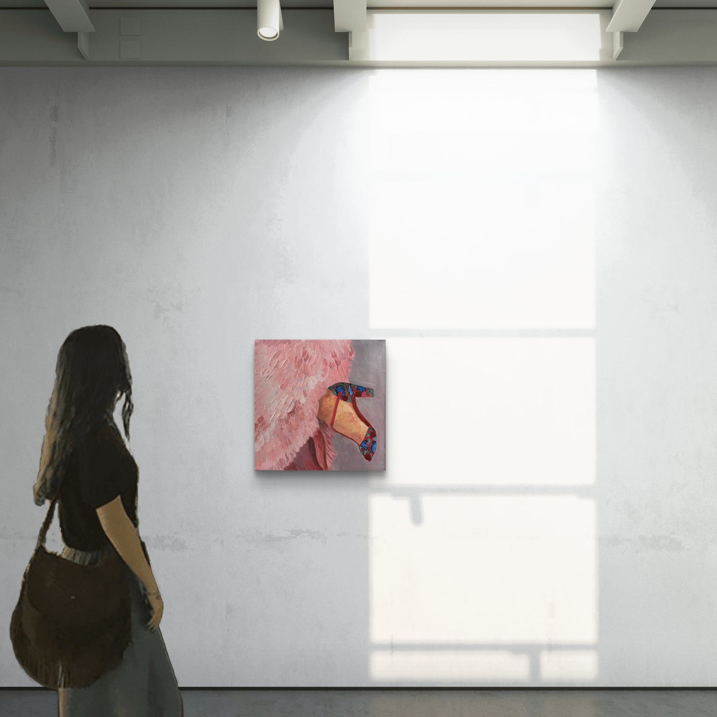 Painting of a Fashion Shoe and pink feathered dress in a gallery. Original art by Robin Barrett Wilson. Robin Wilson Studio