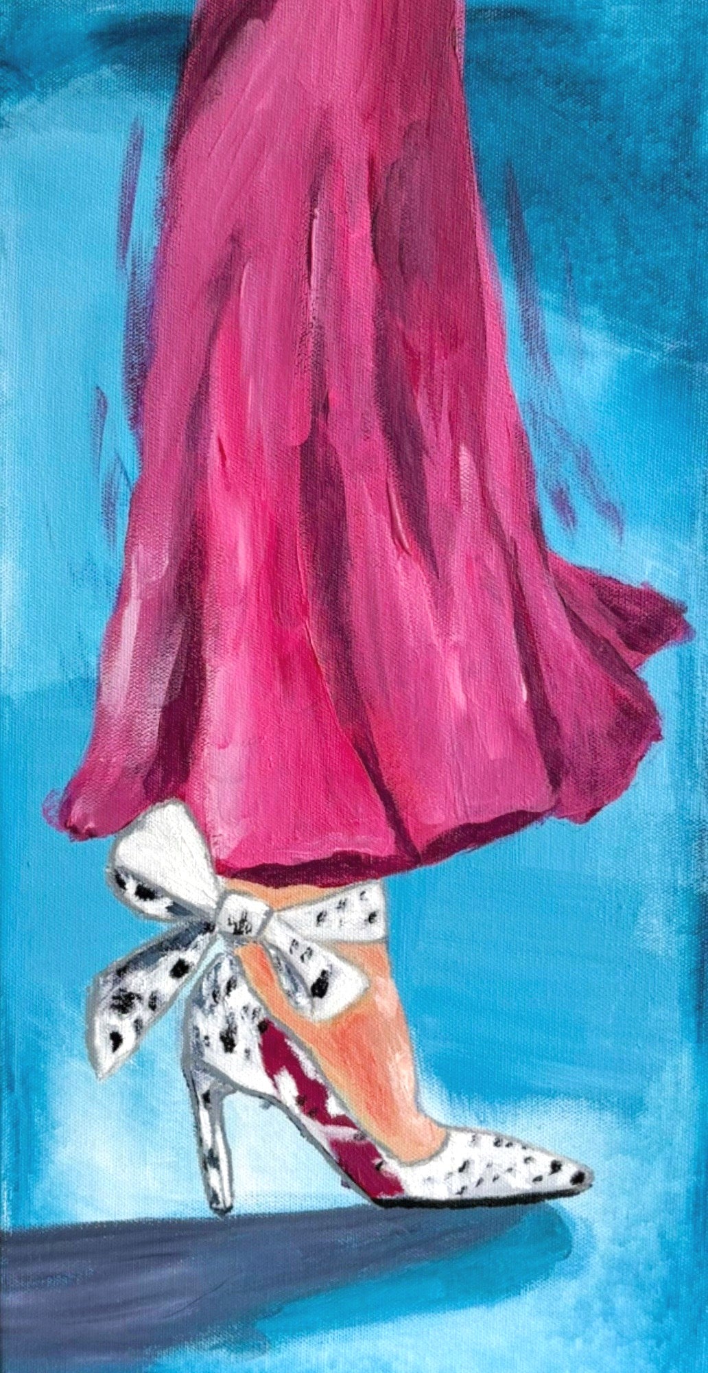 Painting of a pink dress and white high-heeled shoes with a bow on a blue background. Original by Robin Barrett Wilson. Robin Wilson Studio