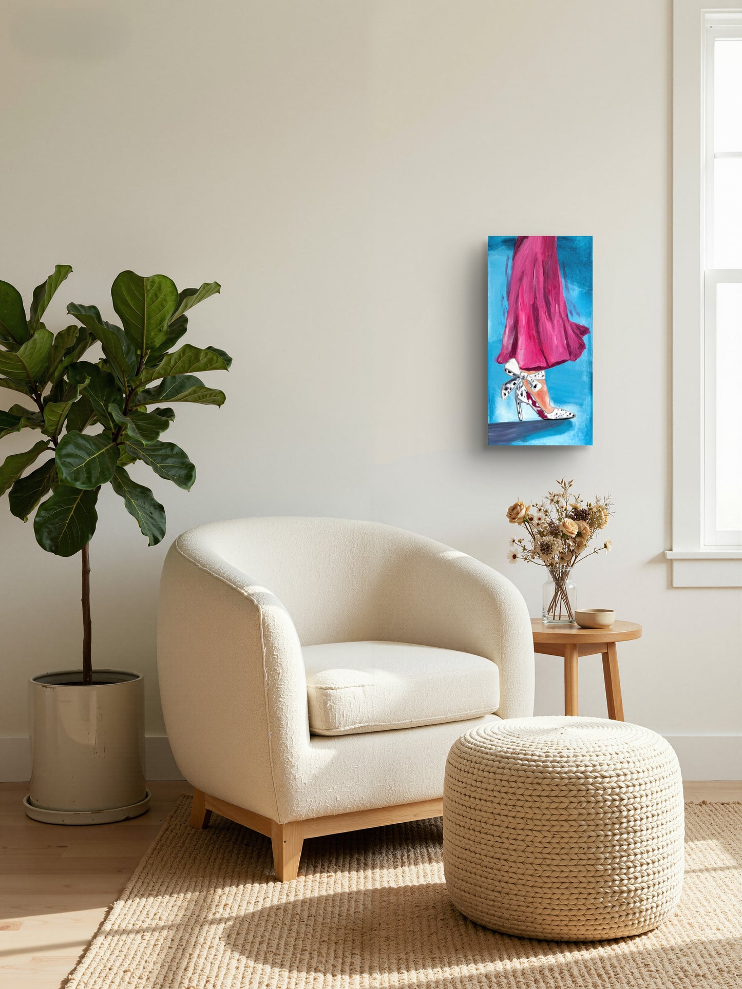 Fashion Shoe with pink dress hung over beige armchair with a matching ottoman. Original art by Robin Wilson. Robin Wilson Studio