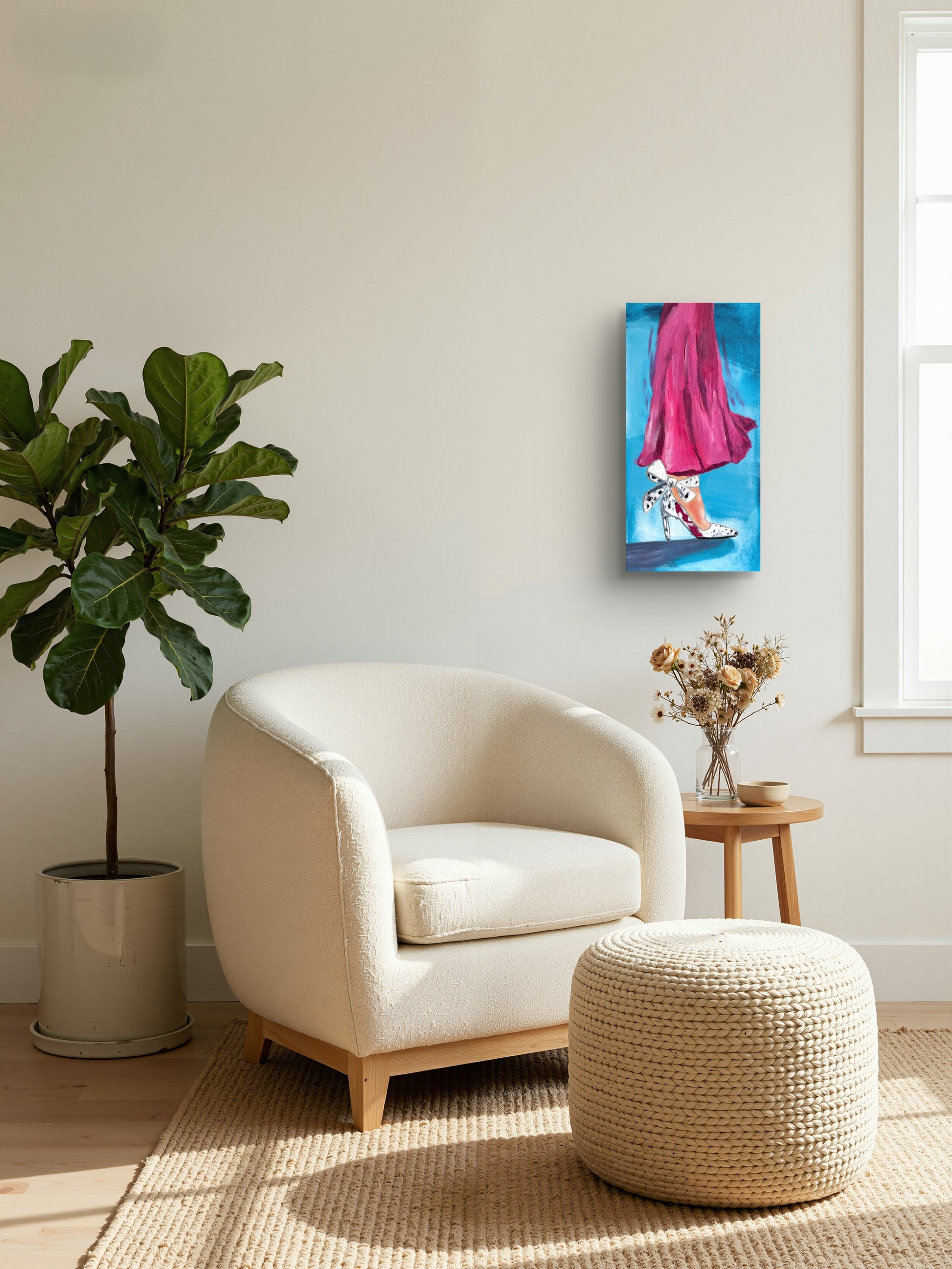 Fashion Shoe with pink dress hung over beige armchair with a matching ottoman. Original art by Robin Wilson. Robin Wilson Studio