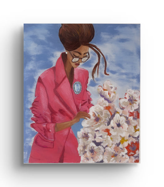 Painting of a woman in a pink coat with a brooch, looking at flowers against a blue sky.